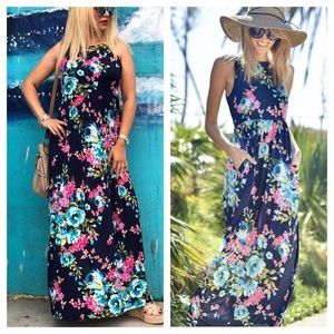 Dresses - LAST 2 - Navy Floral Print Maxi Dress With Pockets Dresses - LAST 2 - Navy Floral Print Maxi Dress With Pockets